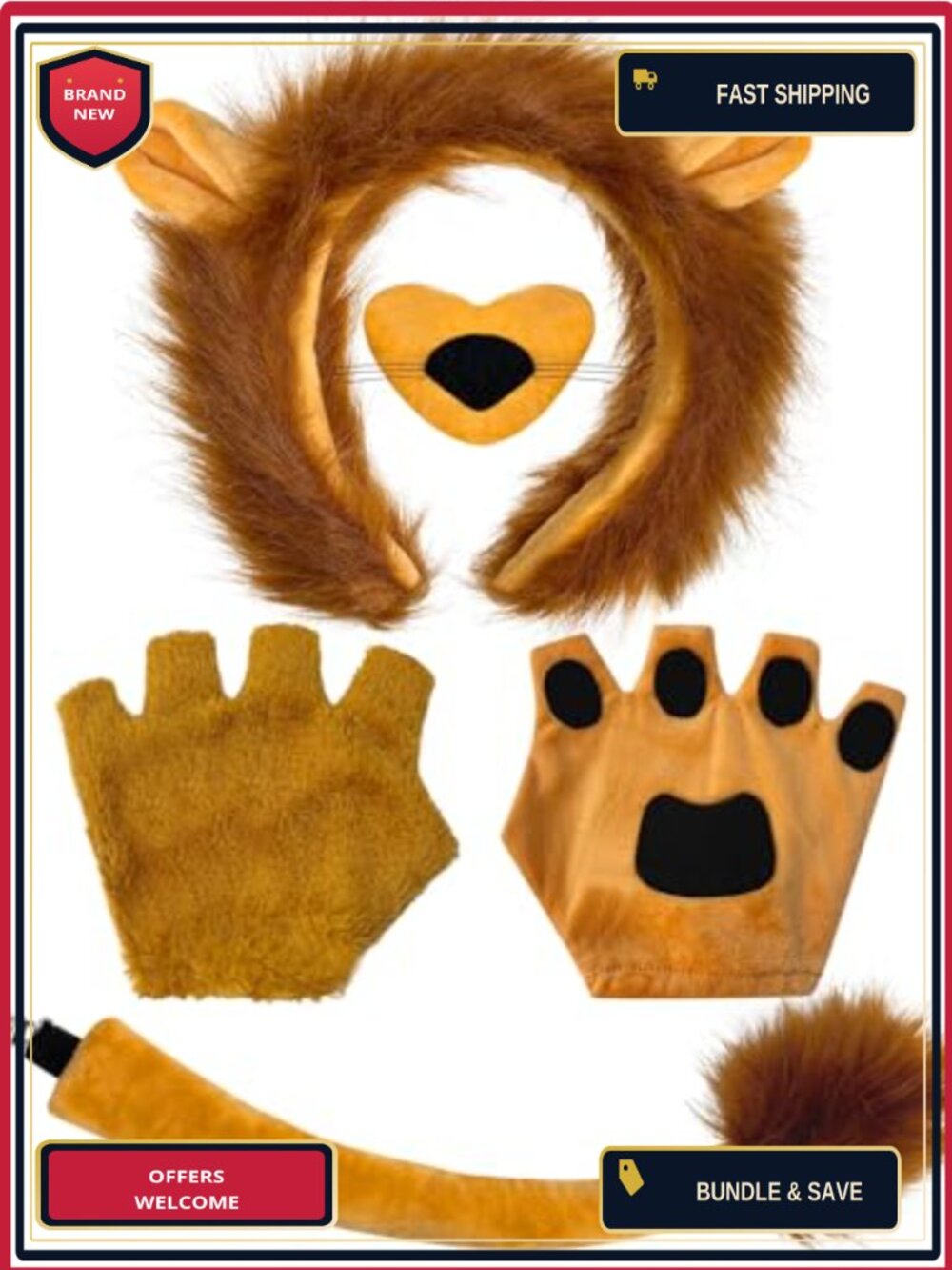 Lion Costume Accessory Set Ears Headband Tail Nose Bowtie Gloves Halloween